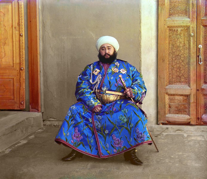 Alim Khan, the Last Emir of Bukhara, ruled part of Uzbekistan under the suzerainty of the Russian empire. A 1911 colour photo by pioneer photographer Sergei Prokudin-Gorsky. Wikipedia image.