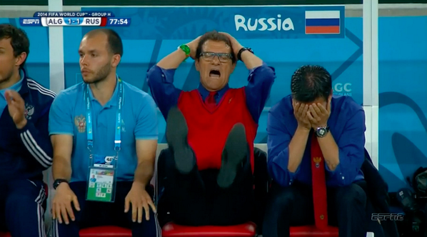 Russian team manager, the exorbitantly paid Fabio Capello, reacts to the Algerian tie.