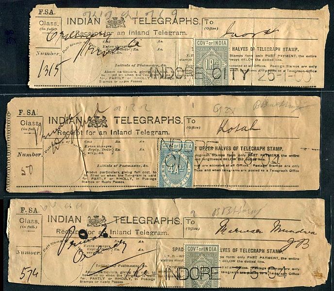 Indian T��7elegraph receipt dated somewhere around 1900-1904. Image from public domain via Wikimedia Commons.