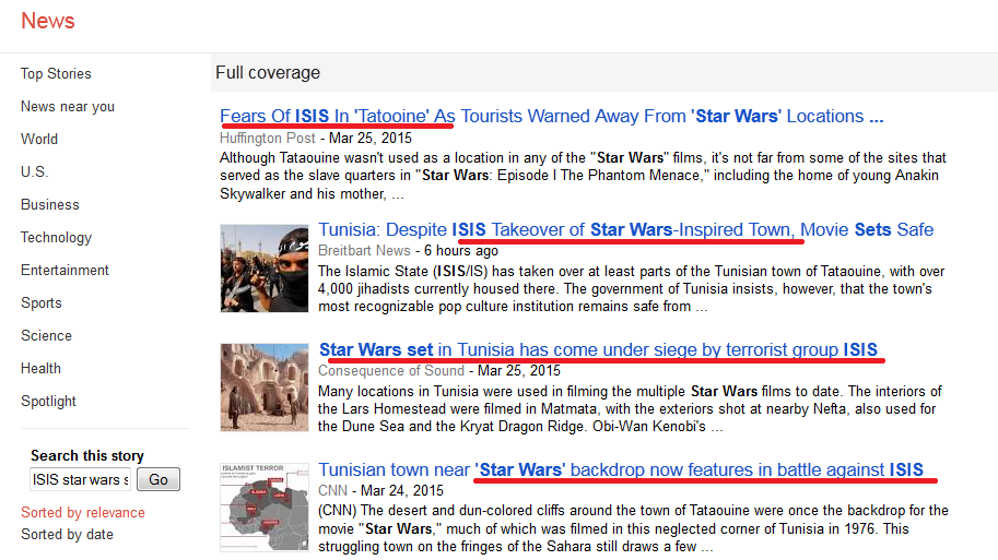 A few headlines on ISIS taking over Tatooine as they appear on Google News