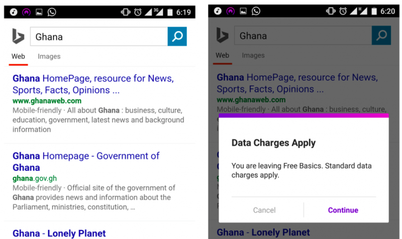 Vous pouvez rechercher Bing sur Free Basics au Ghana, mais vous ne pouvez accéder à aucun des sites Web dans les résultats de la recherche, sauf s'ils font partie du package Free Basics. Capture d'écran de Kofi Yeboah.