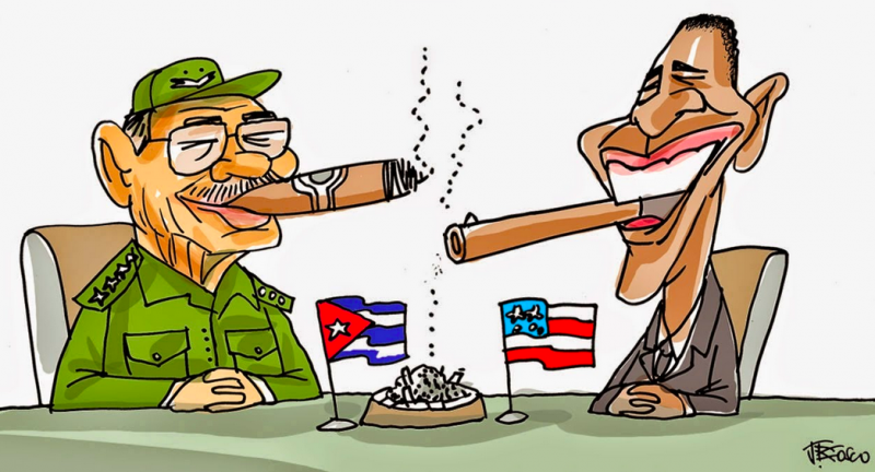 "Cuba and Obama reestablish relations." Cartoon via Linhas Livres.