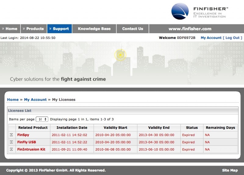 Screen capture of FinFisher license page.