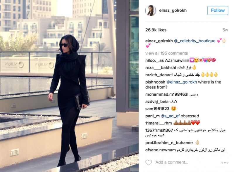 Iranian model Elnaz Golrokh (now based in Dubai) maintains a popular fashion and modelling Instagram page with over 800K followers.