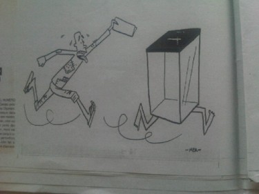 Cartoon about the ever-eluding elections in Midi Madagasikara paper edition posted by @Aline_Tana on twitter