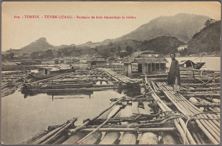 Log rafts in Tuyen-Quang province. Photo from The New York Public Library Digital Collections, 1900 - 1909. 
