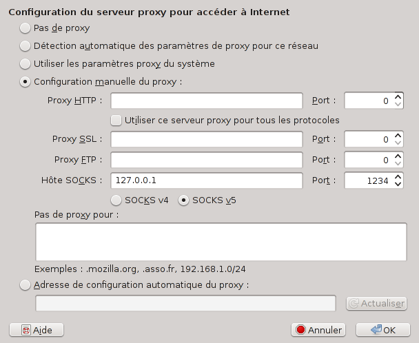 Configuration du proxy
dans Firefox