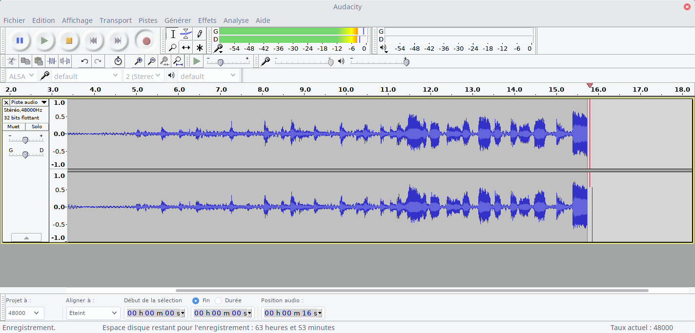 Audacity, enregistrement en cours enregistrement en cours
