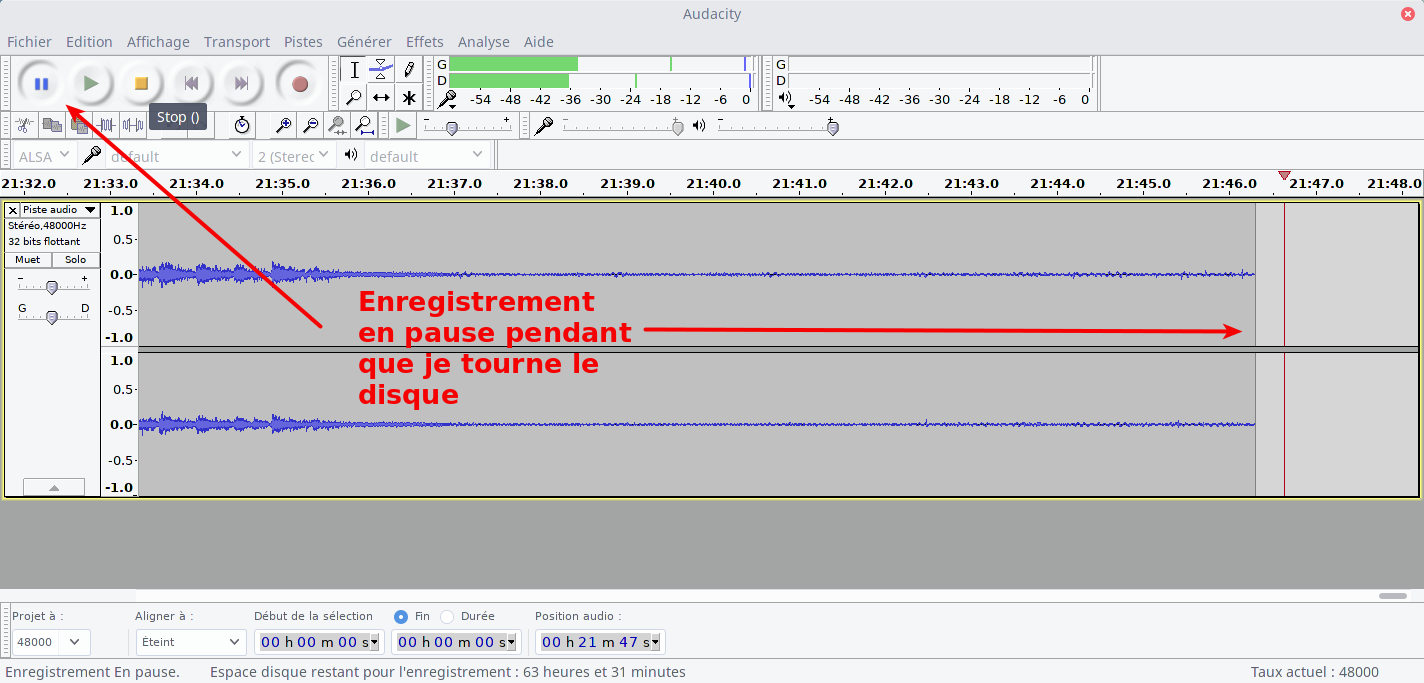 Audacity, enregistrement en pause au changement de face enregistrement en pause