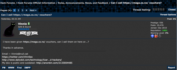 Hackforums user "Vinnie" asks about selling MegaUpload vouchers.