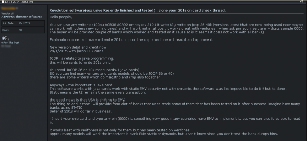 Seller in underground forum describes his "Revolution" software to conduct  EMV card fraud against banks that haven't implemented EMV correctly .