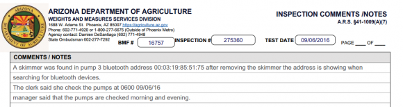 A portion of the incident report for the Bluetooth skimmers found at a gas station in Phoenix on Sept. 6, 2016