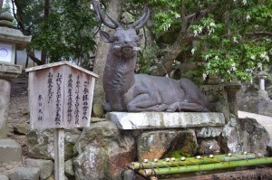Une statue d'un cerf, qui fait fontaine.