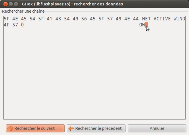 Capture d'écran de la fenêtre de recherche du logiciel ghex