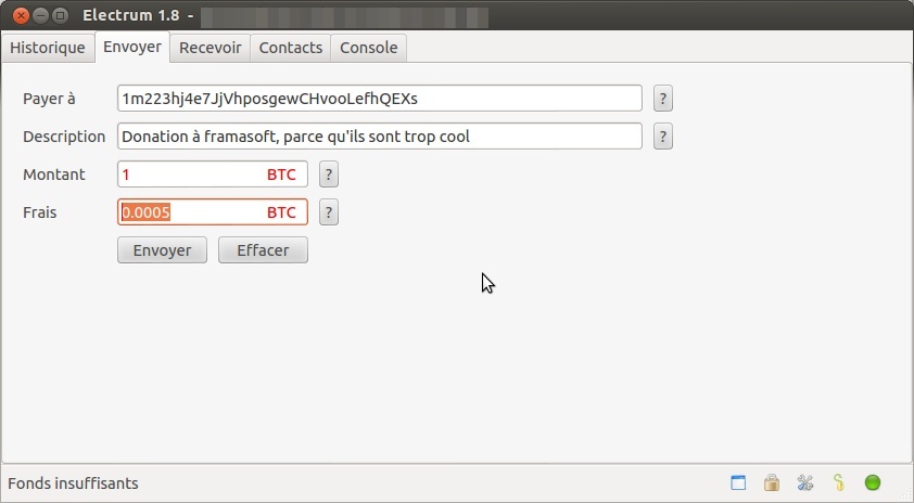 Capture d'écran de l'onglet "envoyer" du logiciel Electrum