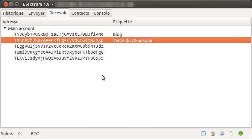 Capture d'écran de l'onget "recevoir" du logiciel electrum