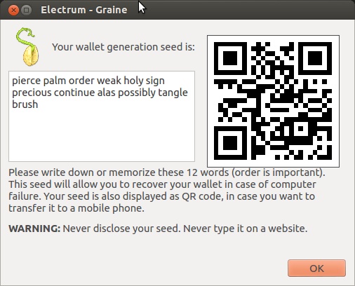 Capture d'écran d'une seed fournie par Electrum