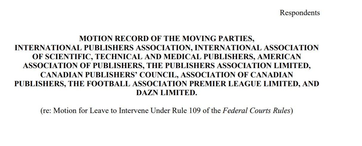 screenshot from the publishing and sports organizations' motion to intervene in the site blocking appeal