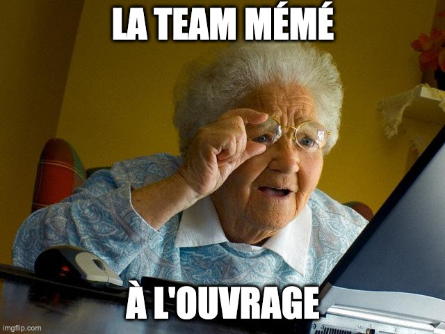 Photo d'une grand-mère regardant un écran d'ordinateur, avec un texte superposé : « la team mémé à l'ouvrage »