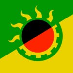 Soleil bicolore rouge/noir sur fond vert/jaune pour symboliser le solarpunk."Ancom or Ansyndie Solarpunk flag" by @Starwall@radical.town is licensed under CC BY-SA 4.0.