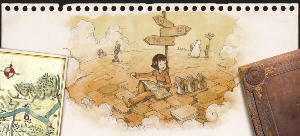 Illustration de David Revoy - paysage onirique. une jeune fille au pied d'un poteau indicateur avec plusieurs directions indique l'une de ces directions à un groupe de trois pingouins randonneurs. En arrière-plan, d'autres trajets et promeneurs.