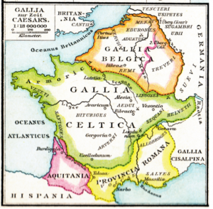 carte ancienne représentant les gaules à l'époque gallo-romaine : Gaules��/ belge et celtique, province romaine et aquitaine.