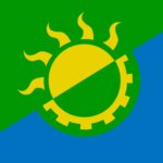 Soleil vert/jaune sur fond bleu/vert, "Solarpunk flag, blue diagonal" by @Starwall@radical.town is licensed under CC BY-SA 4.0.