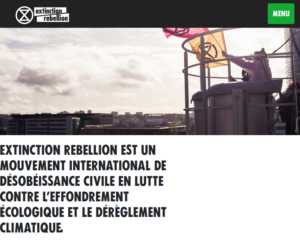 Capture de la page d'accueil du site https://extinctionrebellion.fr/