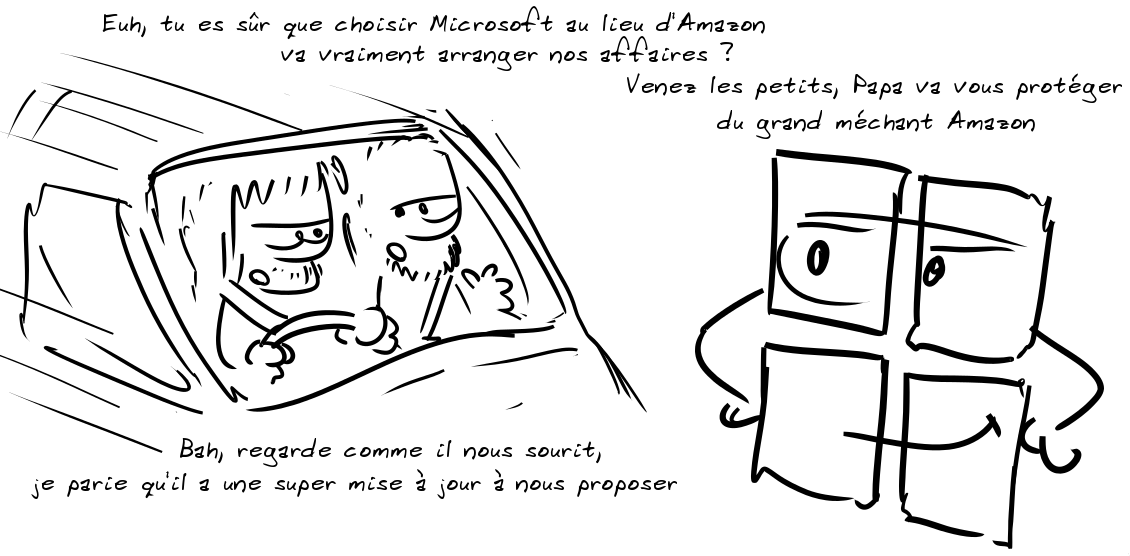 Deux personnages en voiture : euh, tu es sûr que choisir Microsoft au lieu d'Amazon va vraiment arrang��8er nos affaires ? L'autres : bah, regarde comme il nous sourit, je parie qu'il a une super mise à jour à nous proposer ; le logo Microsoft : venez les petits, Papa va vous protéger du grand méchant Amazon
