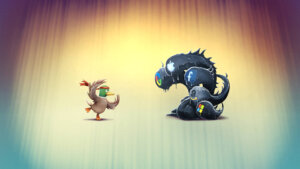 Dessin ��Qdans le style d'un jeu vidéo de combat, où s'affronte un canard karatéka et un monstre affublé des logos des GAFAM.