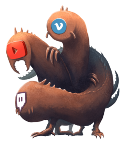 Illustration of Videoraptor, an insectoid monster whose three heads bear the logos of YouTube, Vimeo and Twitch.