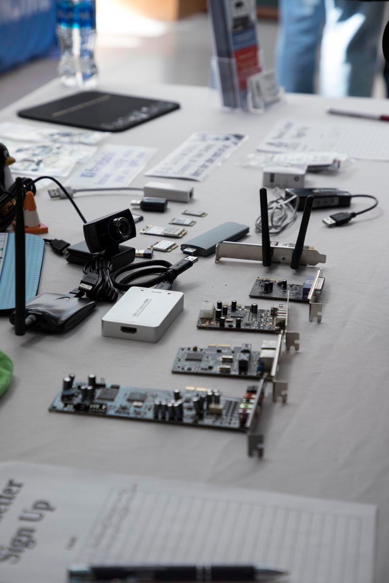 close-up of an exhibitor table with computer parts laid out
