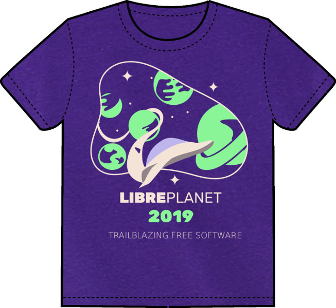 libreplanet t-shirt -- purple shirt with design of planets