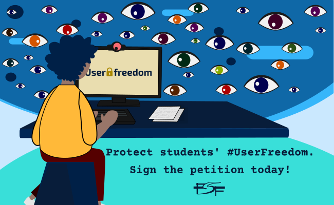 Illustration of a student being spied on while seated at a computer.