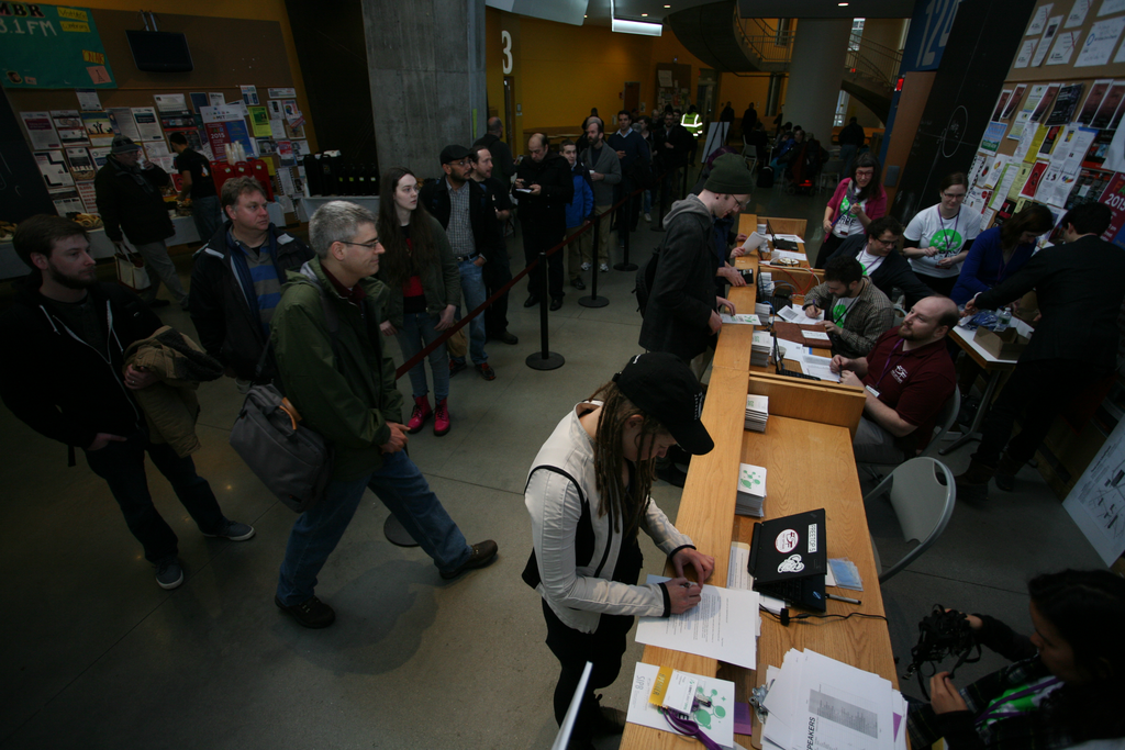 Attendees wait for Saturday registration