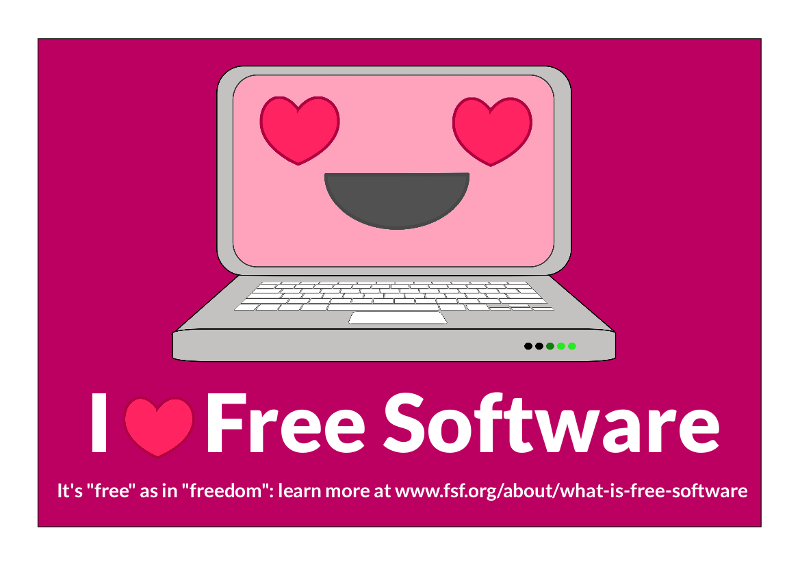 free software valentine -- pic of computer with big smile and hearts for eyes, says i heart free software