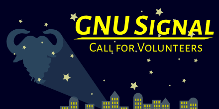 The text 'GNU Signal//Call for volunteers' in a night sky above the silhouette of a city, with a GNU symbol projected on the sky.