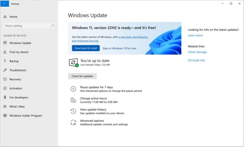 Windows 10 vers Windows 11 22H2