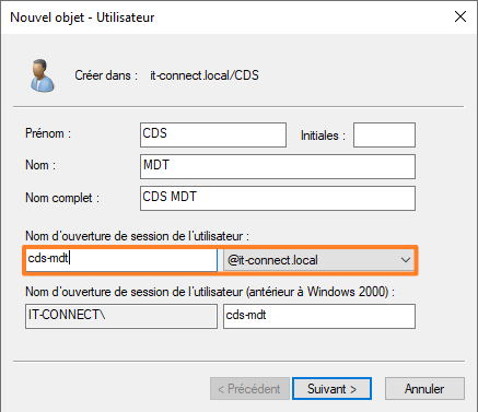 MDT - Intégrer ordinateur au domaine Active Directory - Créer utilisateur - 1