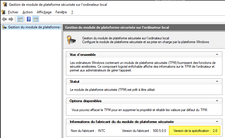 Etat de la puce TPM sur Windows