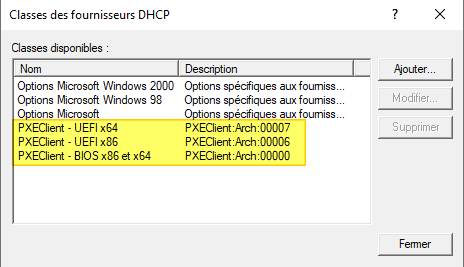 Serveur DHCP - Classes de fournisseurs BIOS et UEFI