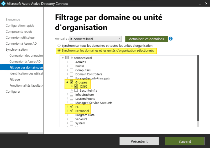 Azure AD Connect - Sélection des OUs