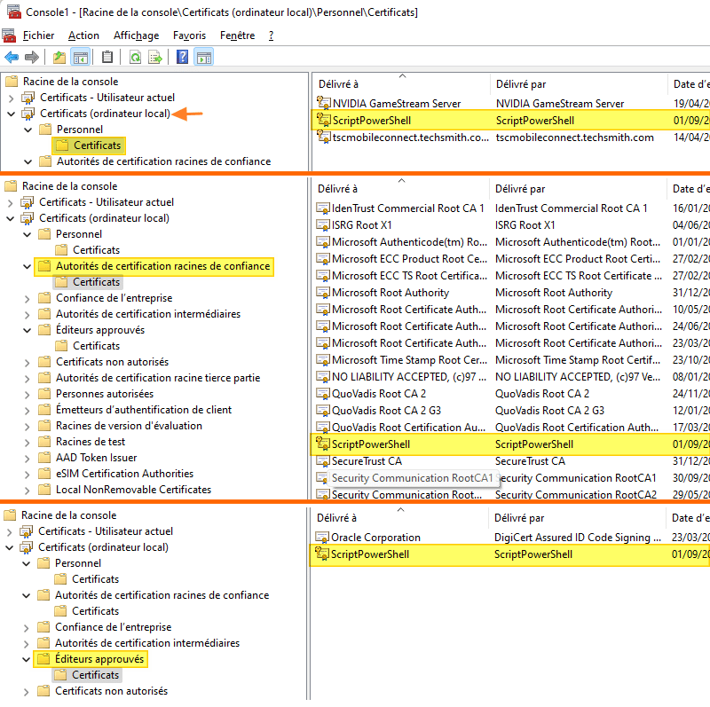 Script PowerShell - Certificat auto-signé - Console MMC