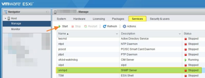 Démarrer le service SNMP sur VMware ESXi