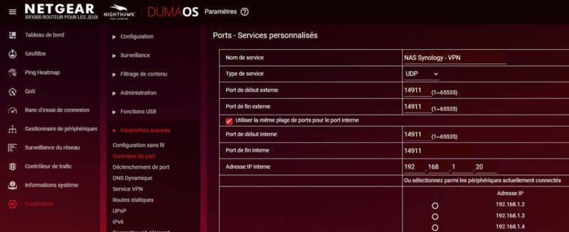 Règle de NAT pour VPN Synology