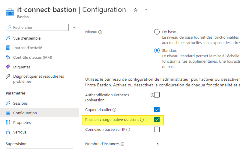 Azure Bastion - Prise en charge native du client