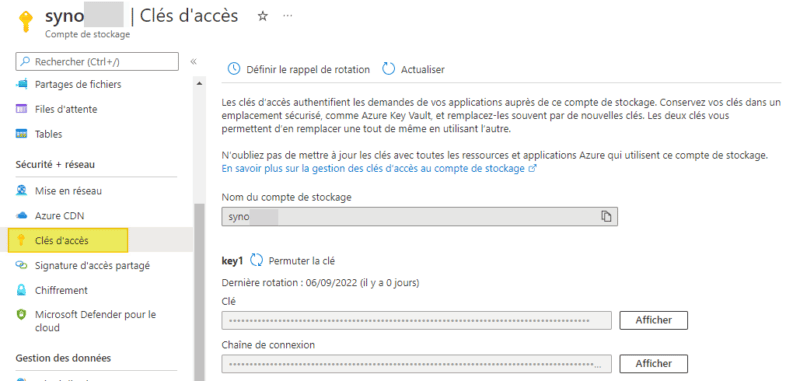 Microsoft Azure - Clé d'accès au compte de stockage