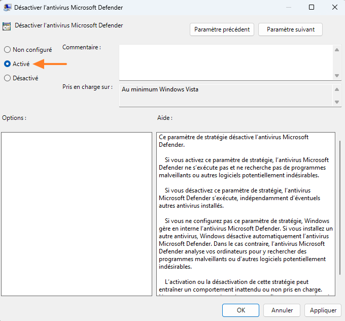 Désactiver l'antivirus Microsoft Defender