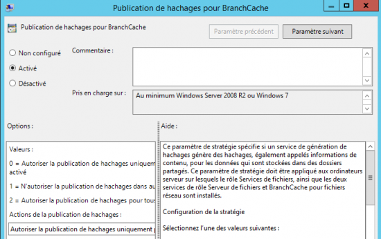 Publication de hachages pour BranchCache