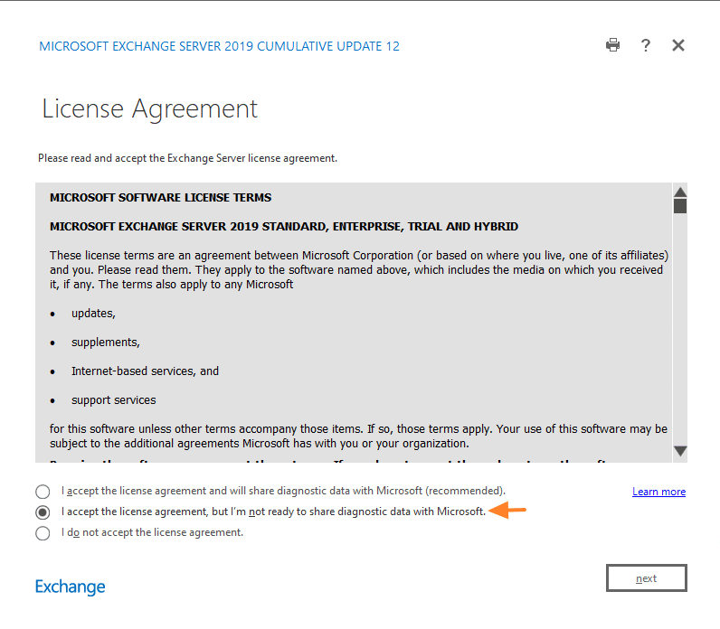 Installer Exchange Server 2019 - Etape Accepter la licence